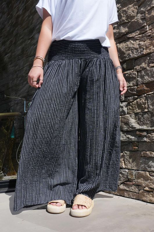 Made in Italy Marina Chalk Stripe Palazzo Pant Black